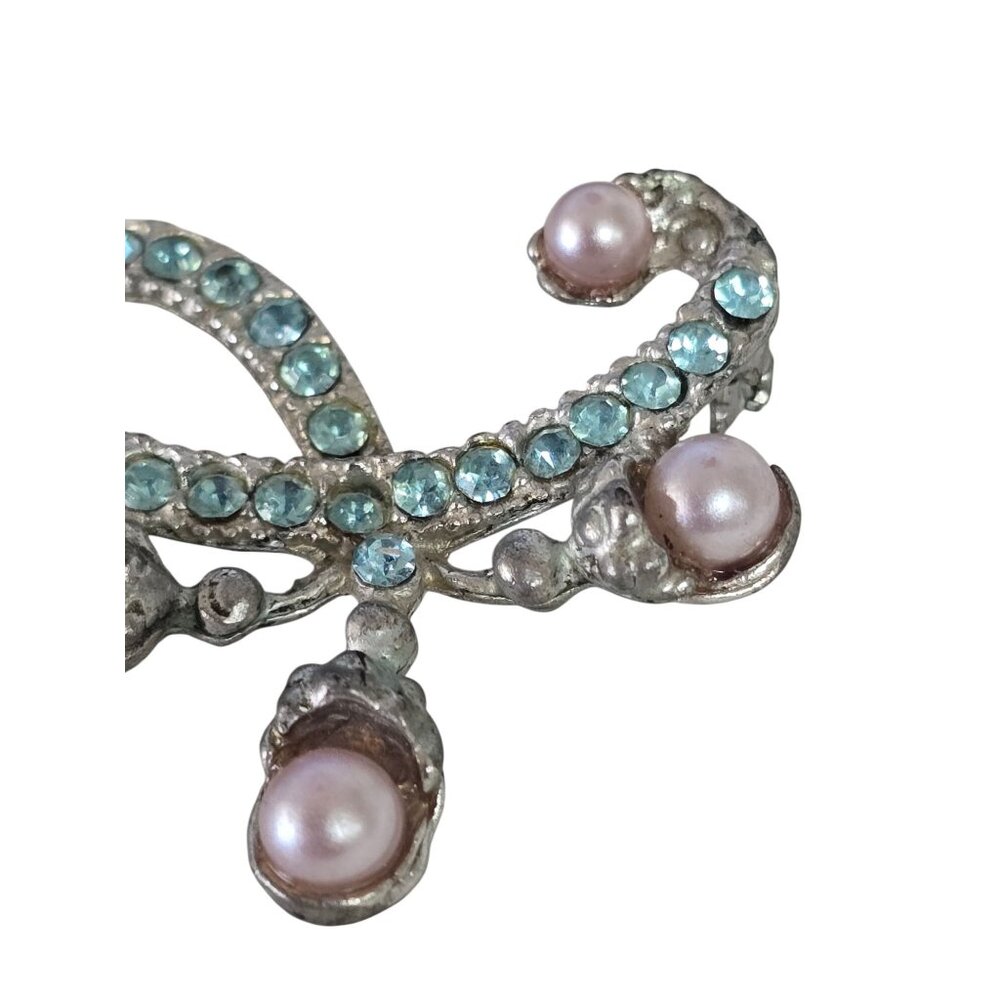 Vintage Silver Tone Aquamarine Blue Rhinestone & Faux Pearl Brooch Pin - Picture 10 of 10